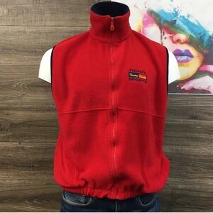 VINTAGE Tommy Hilfiger Sports Red Fleece Vest Mens Medium Full Zip Logo Collar